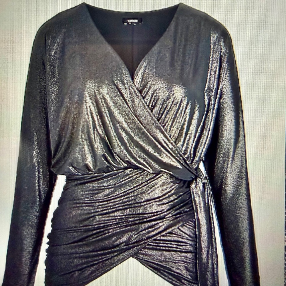 Express Relaxed V neck  Surplice  Tie Waist Shimmer Party Top